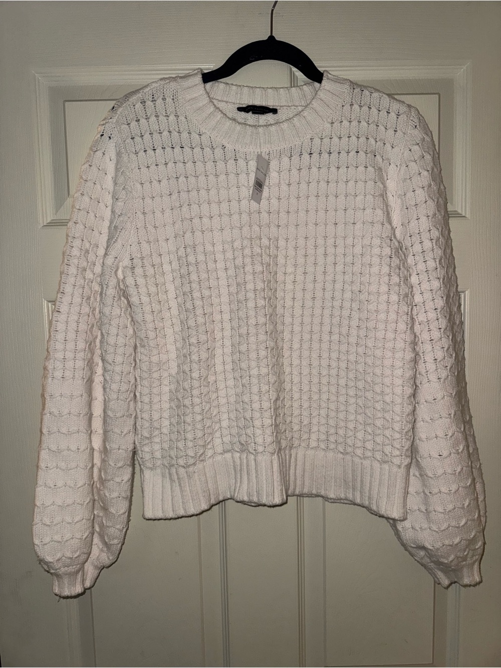 Ann Taylor Womenβs White Cable Knit Crew Neck Pullover Sweater Balloon Sleeve M